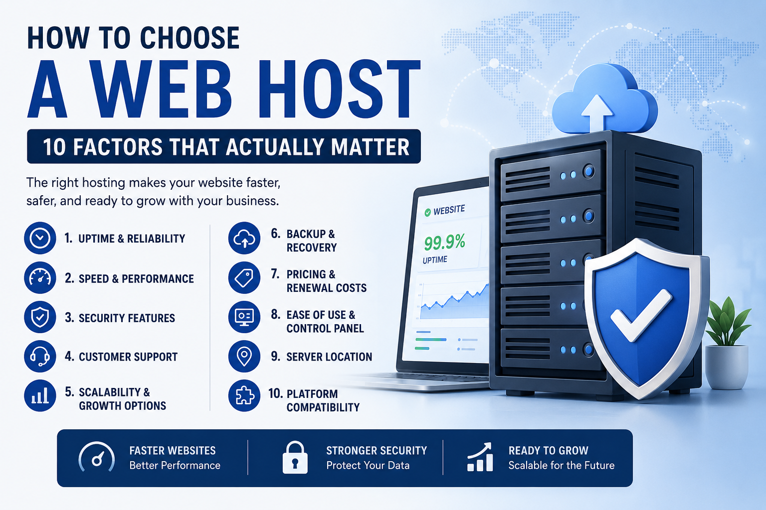Choosing the right web hosting provider based on speed, security, uptime, and scalability.